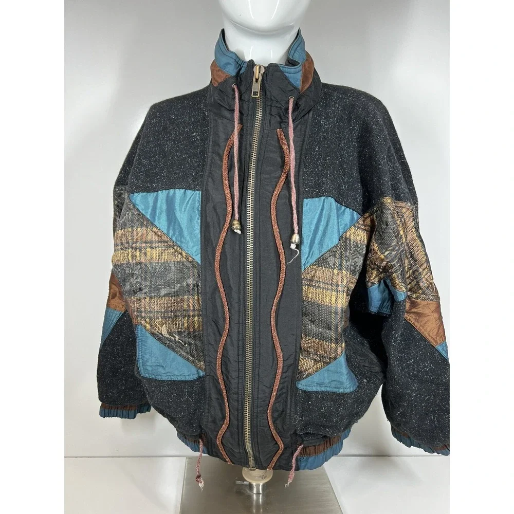 Vintage Wool Blend Multi Colored Multi Material Jacket Teen LARGE Retro Geometry